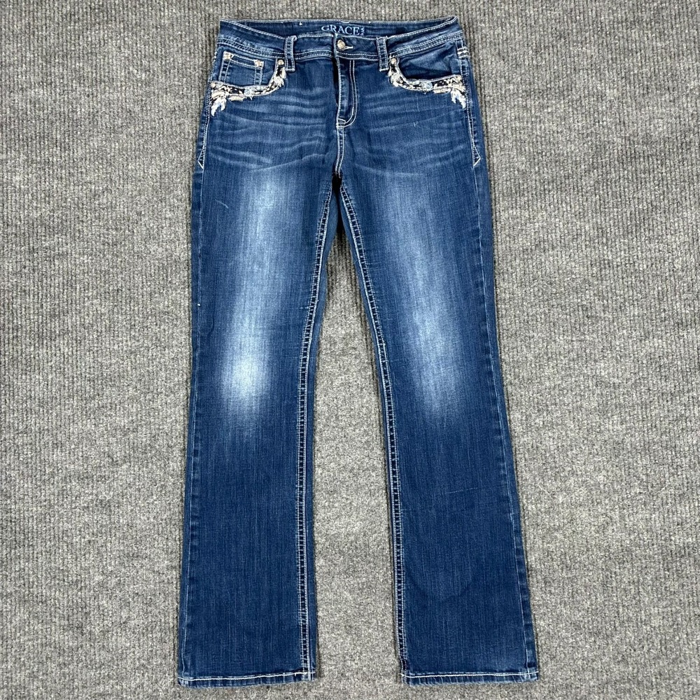 Grace in LA Womens Bootcut Jeans Size 31 Blue Denim Embellished Pockets Mid Rise